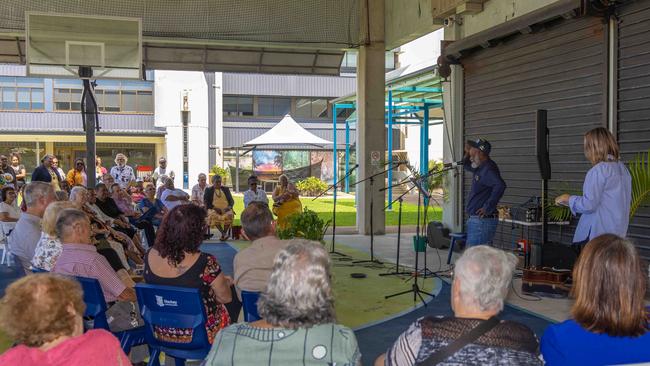 Wide shot with Mackay elder Uncle Doug Mooney speaking at the opening of the exhibition Mangroves: Peeling back the past on April 7, 2024. Picture: Cherrie Hughes