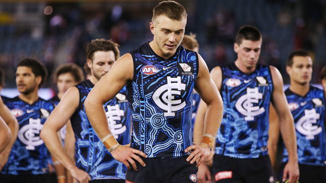 Patrick Cripps leads the Blues off the ground after another loss. Picture: Getty