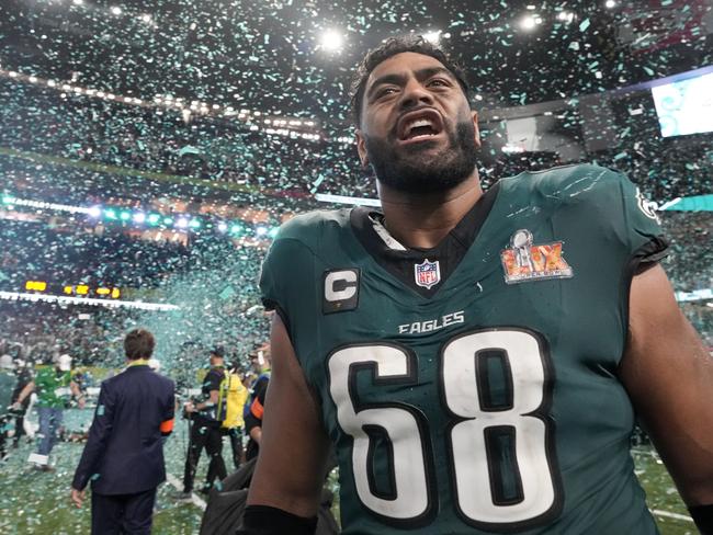 Philadelphia Eagles offensive tackle Jordan Mailata celebrates winning the Super Bowl. Picture: Doug Benc/AP Photo