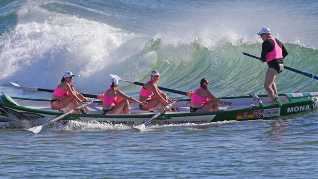 The Mona Vale women’s crew competing in the opening round of the surfboat series.