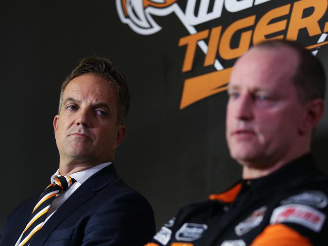 Wests Tigers CEO Justin Pascoe and new coach Michael Maguire speak during a press conference at Concord Oval, Sydney. Picture: Brett Costello