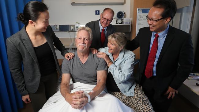 Stroke survivor Tony Clark and his wife Jackie Clark, with Associate Professor Rebecca Lim, Professor Chris Sobey and Associate Professor Henry Ma. Picture: Alex Coppel