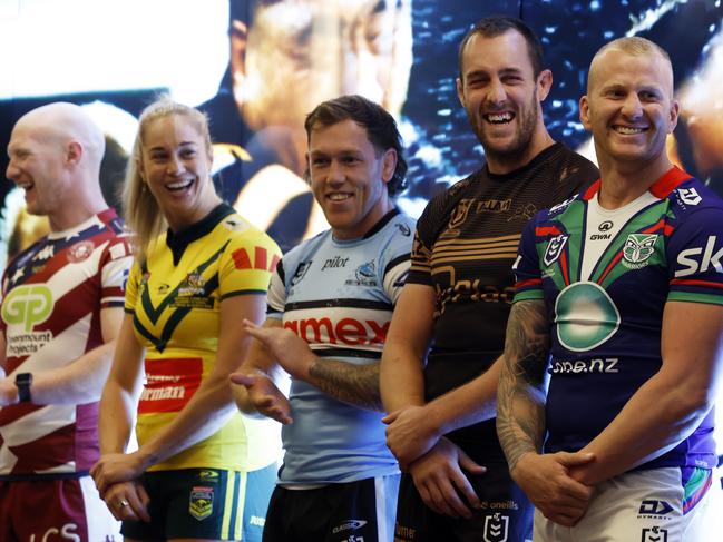 DAILY TELEGRAPH FEBRUARY 26, Captains from left Wigan Warriors Liam Farrell, Australian Jillaroos, Kezie Apps, Sharks Cameron McInnes, Panthers Isaah Yeo, Warriors Mitchell Barnett and Raiders Joseph Tapine at the Las Vegas Week Media Launch at the NRL Fan Hub at Resorts World. Picture: Jonathan Ng