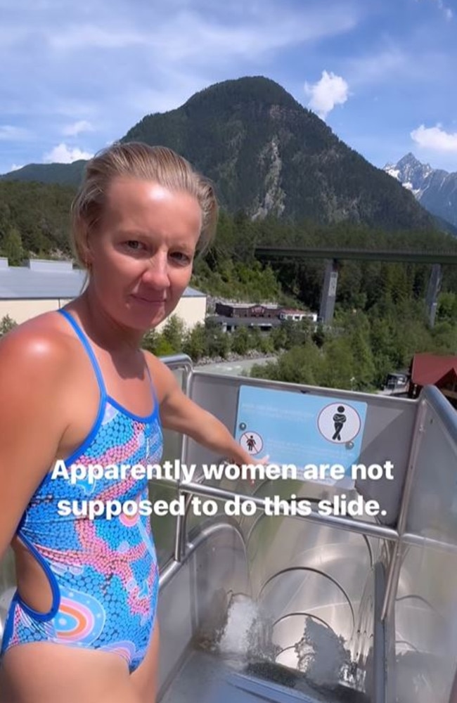 Rhiannan Iffland decided to use a water slide that has banned women ‘due to high risk of injury’. Picture: Instagram/RhiannanIffland