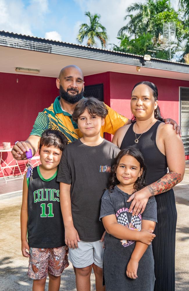 Darwin parents Sarah and Murray Liddle with their children Bradley, 12, Orlando, 9, and six-year-old Brooklyn getting the keys to their new home through the Yilli Rreung Housing Aboriginal Corporation.