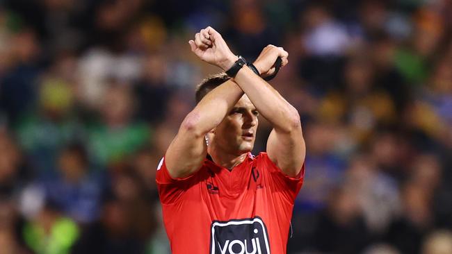 Referee Grant Atkins is tough on the Warriors. Picture: Getty Images