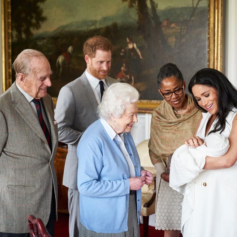 Prince Philip, Prince Harry, Queen Elizabeth II, Doria Ragland, Archie Harrison and Meghan. Picture: Chris Allerton/Sussex Royal/AFP