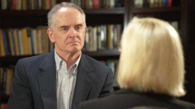 Jared Taylor from American Renaissance, a white nationalist organisation, stares down Liz Hayes. Picture: Channel 9