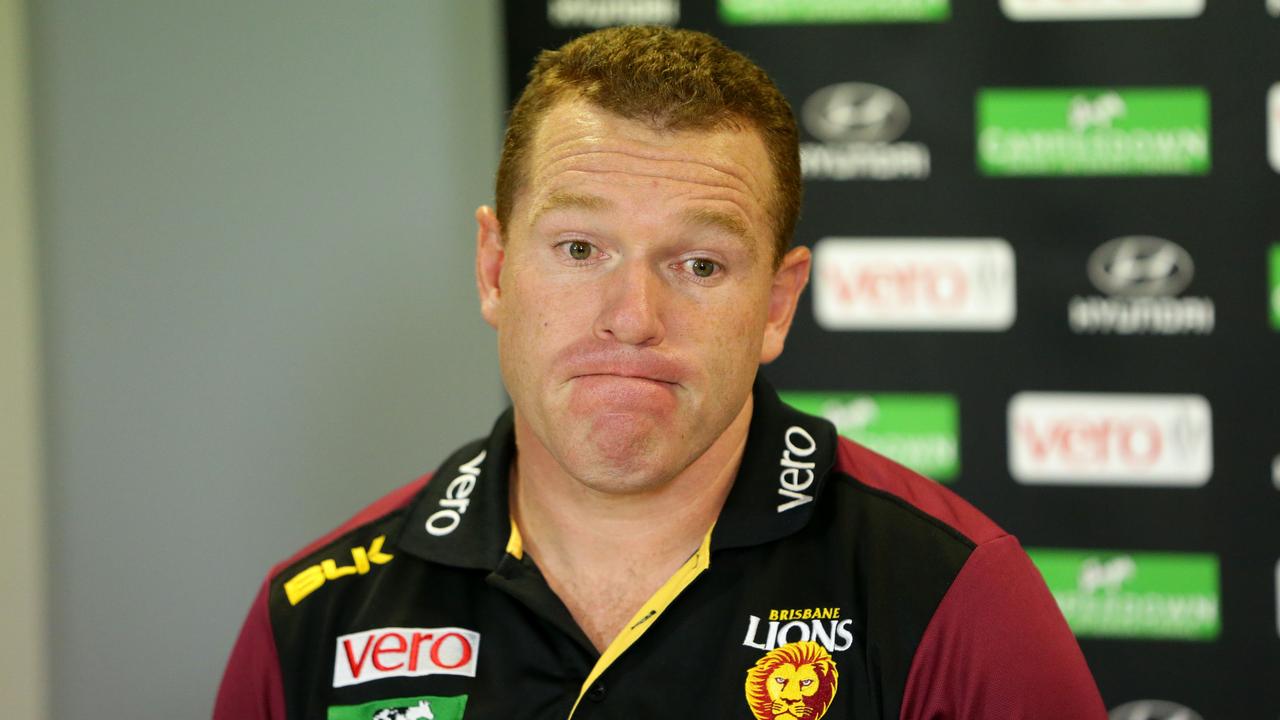 Coach Justin Leppitsch faces the media after the AFL game between the Brisbane Lions and the West Coast Eagles. Pic Darren England.