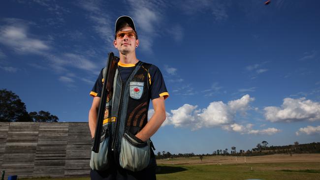 Joshua Bell, 21, is a skeet shooter and is a shadow member of the comm games team. he has just won gold at the Australia Cup 4. The international shooting centre.