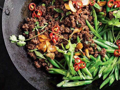 Sticky beef and bean stir-fry.