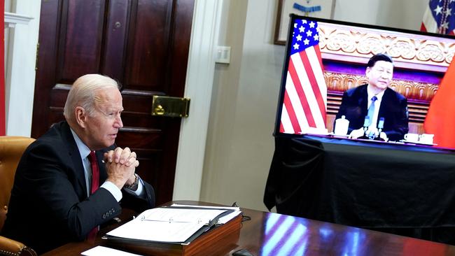 US President Joe Biden meets with China's President Xi Jinping during a virtual summit from the White House. Picture: AFP