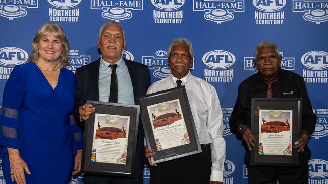 Eva Lawler, Norman Hagen, Ronald 'Barney''&#149; Quall and John Pepperill at the 2023 AFLNT Hall of Fame. Picture: Pema Tamang Pakhrin