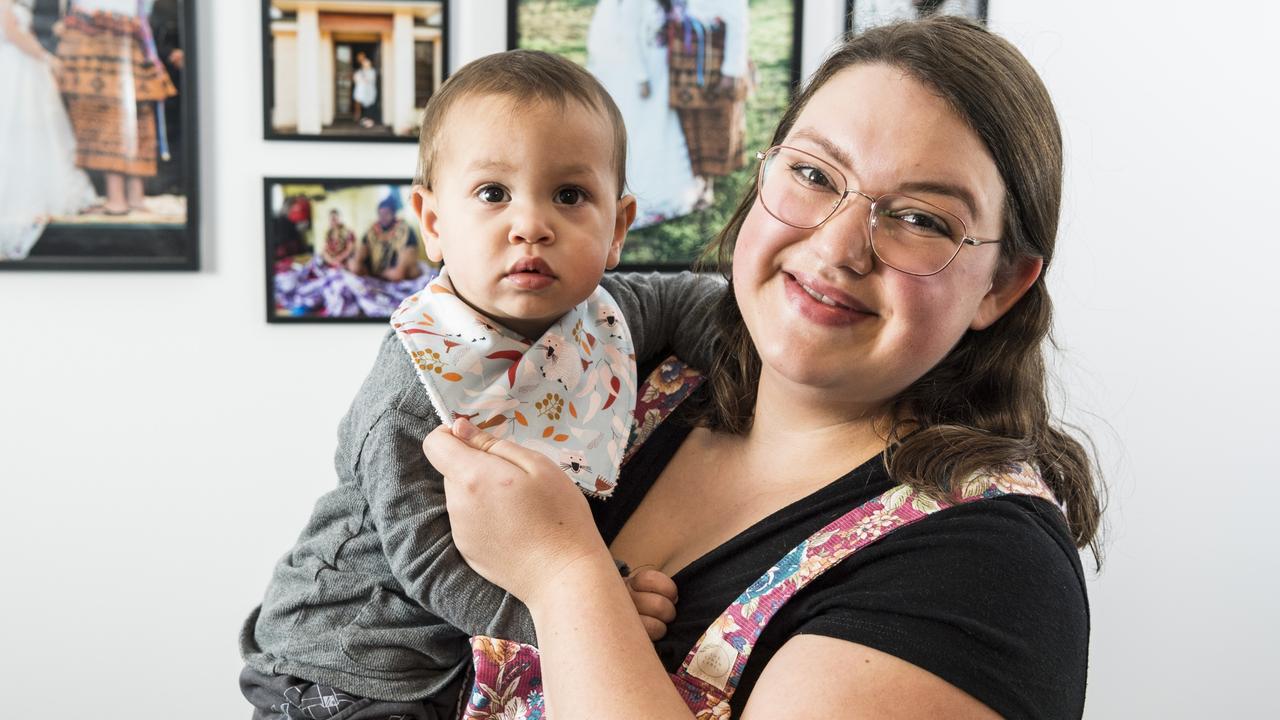 The Linen Label owner Hannah Thomas and son Malachi model her handmade pieces for mum, bub and home. Picture: Kevin Farmer