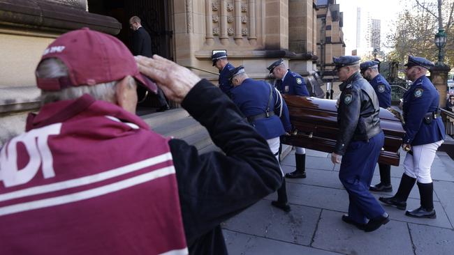 Bob Fulton's casket arrives at his state funeral at St Mary's Cathedral on Friday. Picture: Getty Images