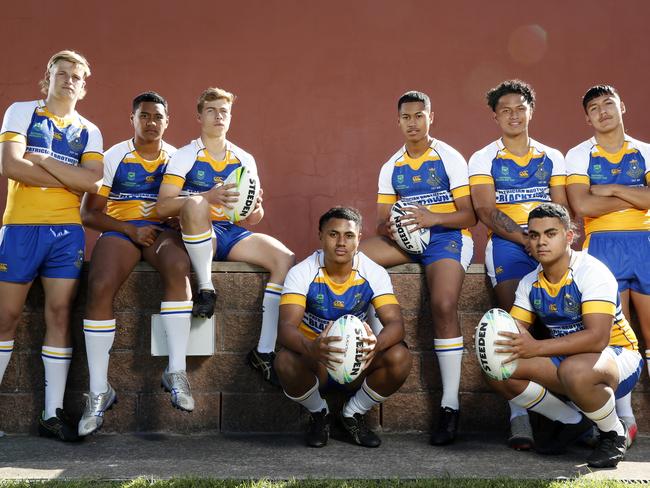 Patrician Brothers Blacktown players Myles Martin, Suliasi Aho, Ethan Sanders, Judah Galuvao, Tana Papu, Siotame Hansen, Hanisi Afu and Wilson De Courcey. The NRL Schoolboy Cup is starting back up and Patrician Brothers Blacktown are defending champions. Picture: Jonathan Ng