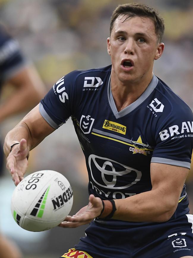 TOWNSVILLE, AUSTRALIA - APRIL 18: Scott Drinkwater of the Cowboys passes the ball during the round six NRL match between the North Queensland Cowboys and the Canterbury Bulldogs at QCB Stadium, on April 18, 2021, in Townsville, Australia. (Photo by Ian Hitchcock/Getty Images)