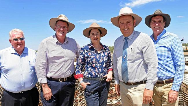 SUPPORT: Federal Minister for Agricultural Industry Development Mark Furner (second from left) and Premier   Palaszczuk paid a visit to the Roma saleyards earlier this year. They are flanked by Cr Peter Flynn, Maranoa mayor Tyson Golder and Queensland Natural Resources Minister  Anthony Lynham. Picture: Alexia Austin