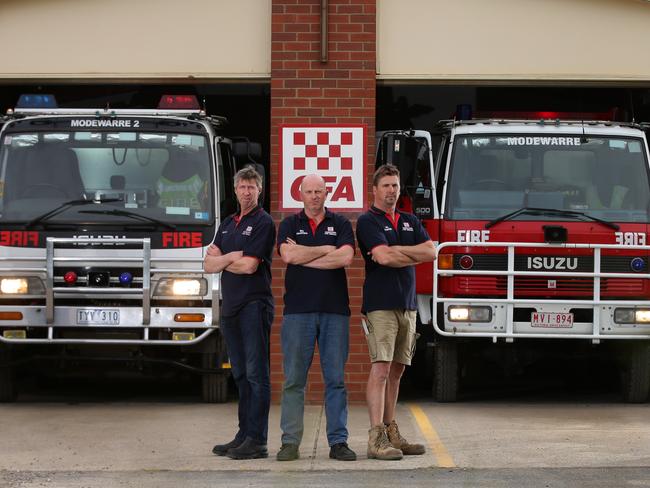 Modewarre fire brigade members captain Michael Meesen, Ian Clarke, Lieutenant Ash McPhee. Picture: Peter Ristevski