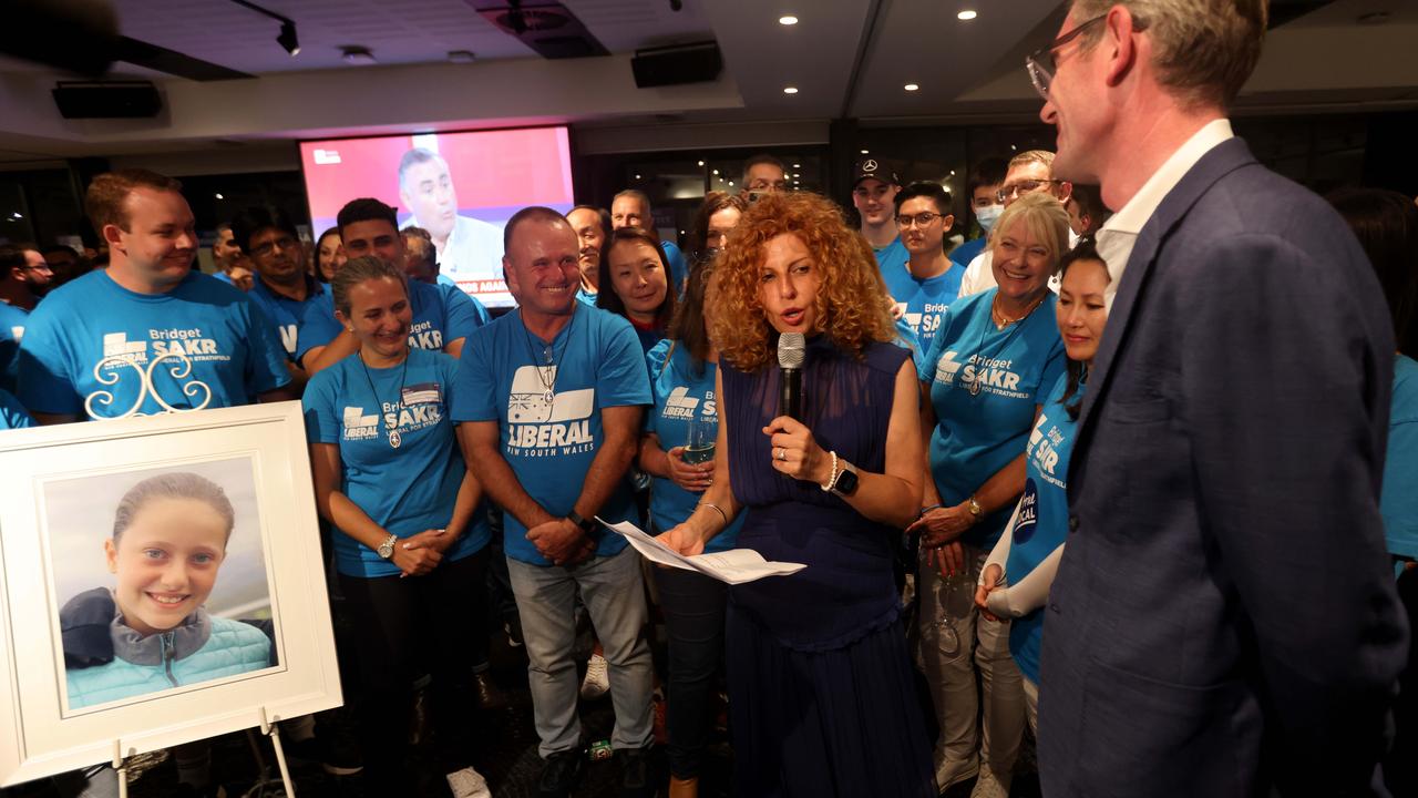 Dominic Perrottet watches on as Bridget Sakr speaks at her election-night function. Picture: Damian Shaw