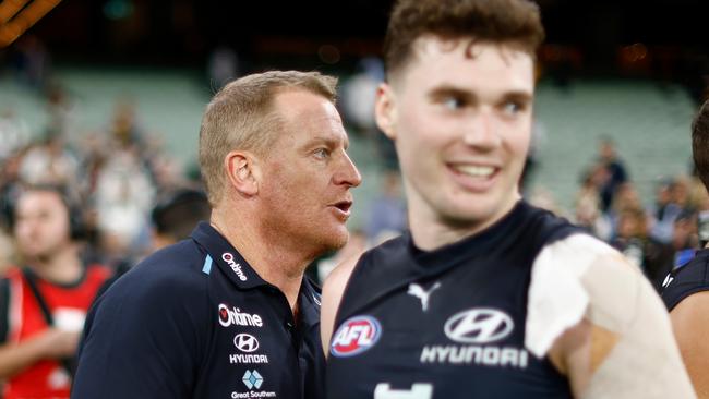 Blake Acres (right) will play his 150th AFL game on Saturday and says Carlton feels like his true home after playing for nine seasons at St Kilda and Fremantle. Picture: Michael Willson / Getty Images