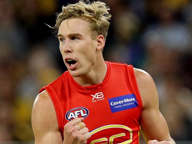 PERTH, WESTERN AUSTRALIA - APRIL 14:  Tom Lynch of the Suns celebrates after scoring a goal during the round four AFL match between the West Coast Eagles and the Gold Coast Suns at Optus Stadium on April 14, 2018 in Perth, Australia.  (Photo by Will Russell/AFL Media/Getty Images)