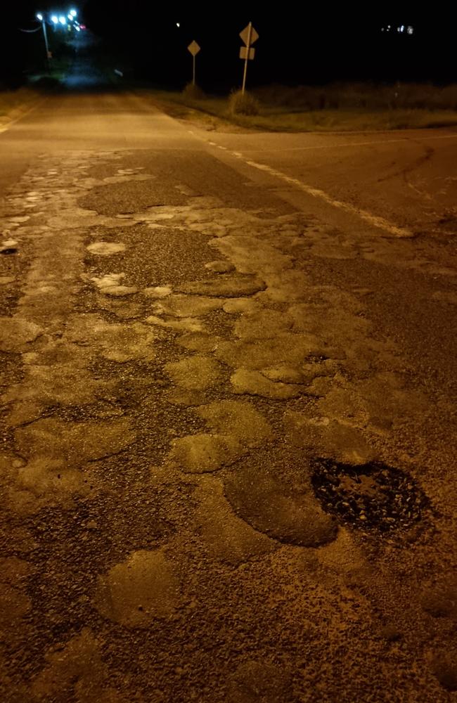 Pothole on Redbank Plains Road on Monday night, after the council’s repairs earlier that day. May 25 2020. Picture: Reg KL