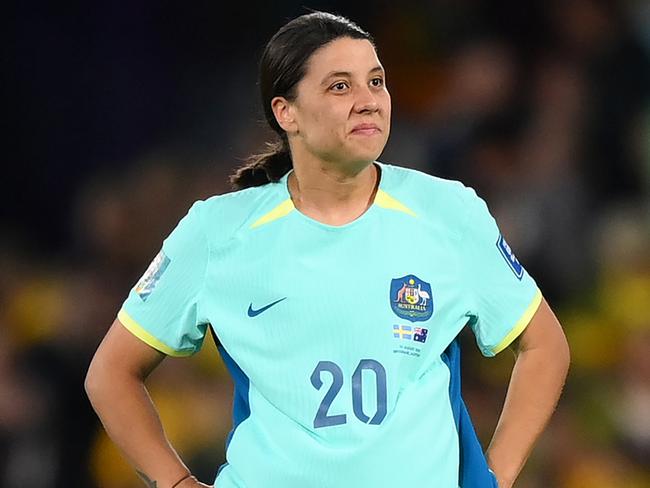 BRISBANE, AUSTRALIA - AUGUST 19: Sam Kerr of Australia shows dejection after the teamÃ¢â¬â¢s defeat following the FIFA Women's World Cup Australia & New Zealand 2023 Third Place Match match between Sweden and Australia at Brisbane Stadium on August 19, 2023 in Brisbane, Australia. (Photo by Justin Setterfield/Getty Images)