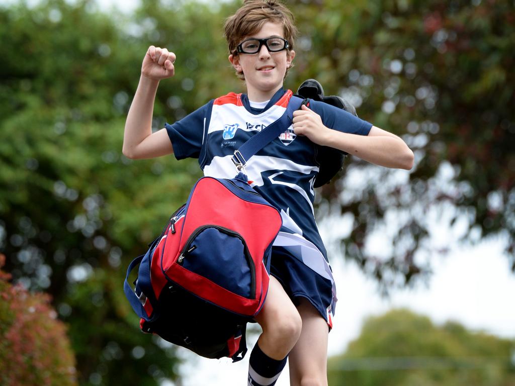 Hawk Hodkinson, 13, ran 7km to get to his football game with Highett Football Club after his coach forgot to pick him up. Picture: Andrew Henshaw