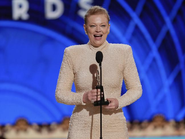 Sarah Snook accepts the award for best performance by an actress in a leading role in a play. Picture: AP