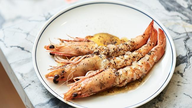 Grilled prawns with kelp butter and sea lettuce from The Pacific Club Bondi Beach, the all-day bistro and beach club which opened a month ago.