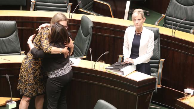 Greens leader Cassy O'Connor and Labor's Ella Haddad celebrate in State Parliament as Attorney General Elise Archer stands after the passage new legislation about birth certificates.