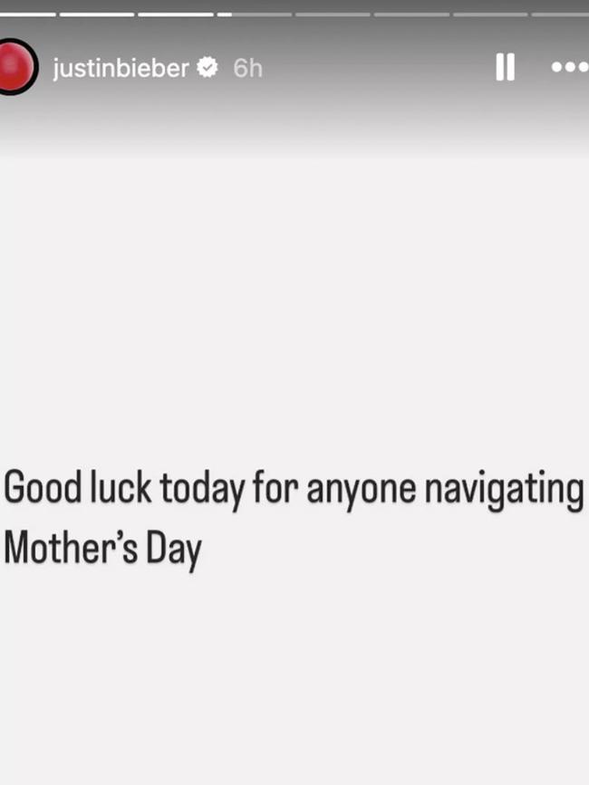 Bieber's Instagram stories early on Mother's Day.