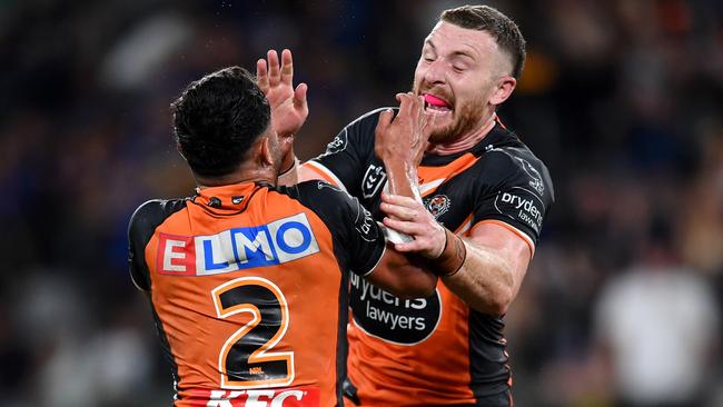 Jackson Hastings celebrates his matchwinning field goal. Picture: NRL Photos/Gregg Porteous