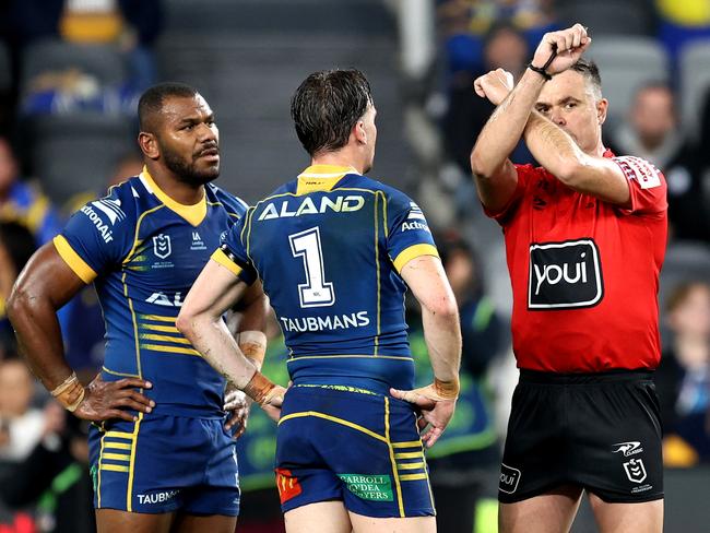 SYDNEY, AUSTRALIA - JULY 16: Maika Sivo of the Eels is placed on report by referee, Chris Butler during the round 20 NRL match between Parramatta Eels and Gold Coast Titans at CommBank Stadium on July 16, 2023 in Sydney, Australia. (Photo by Brendon Thorne/Getty Images)