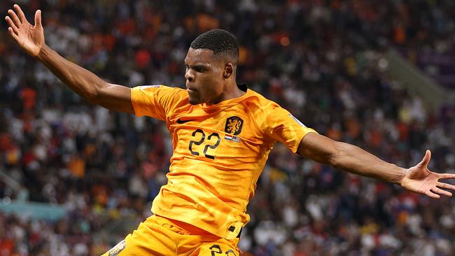 Denzel Dumfries, whose mother is from Suriname, celebrates after scoring his team's third goal against USA in Doha. Picture: Getty Image