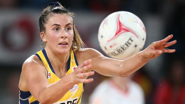 Maddy Proud of the Swifts passes during the round three Super Netball match between NSW Swifts and Collingwood Magpies at Ken Rosewall Arena. Photo: Getty Images