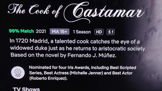 Contrast and crispness on the TCL C825 4K Mini LED smart TV showing a movie write-up on Netflix