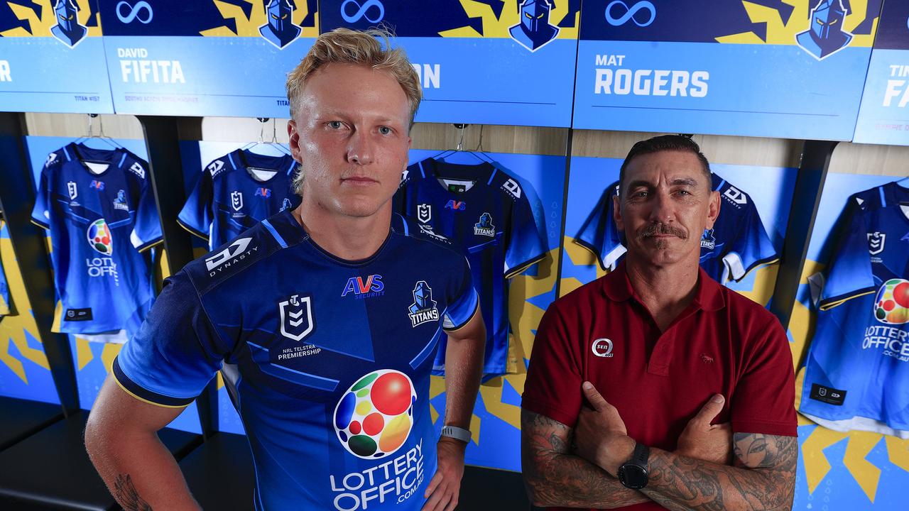 ATTN ATTN EMBARGOED UNTIL 7AM FOR ONLINE EMBARGOEDÃ&#137;Ã&#137;. Cbus Stadium, Mat Rogers and Titans signing Carter Gordon modelling their 2025 jersey. Pics Adam Head