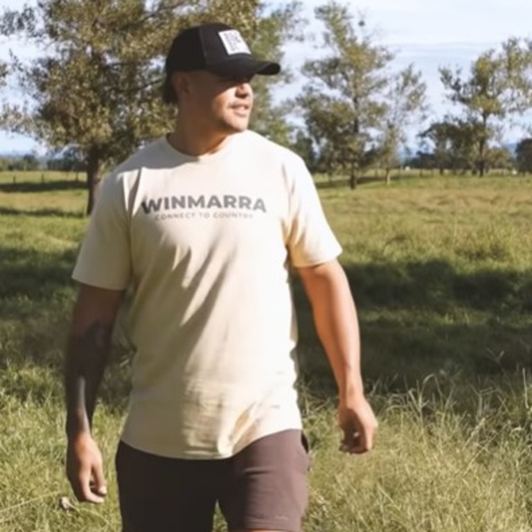 Latrell Mitchell on his Taree farm dressed in his Winmarra clothing label. Picture: Instagram