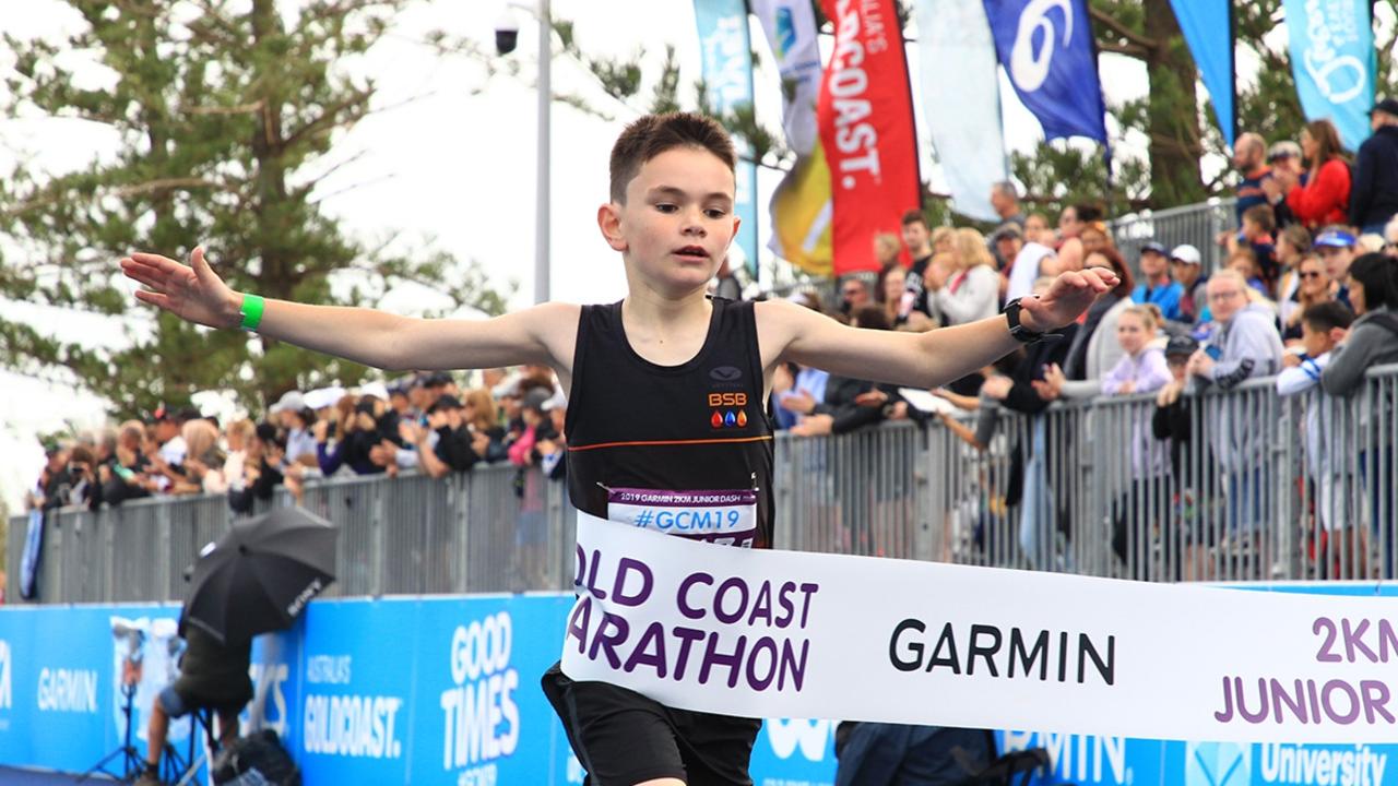 Aden P Kelly from Brisbane won the Garmin 2km Junior Dash at the Gold Coast Marathon.