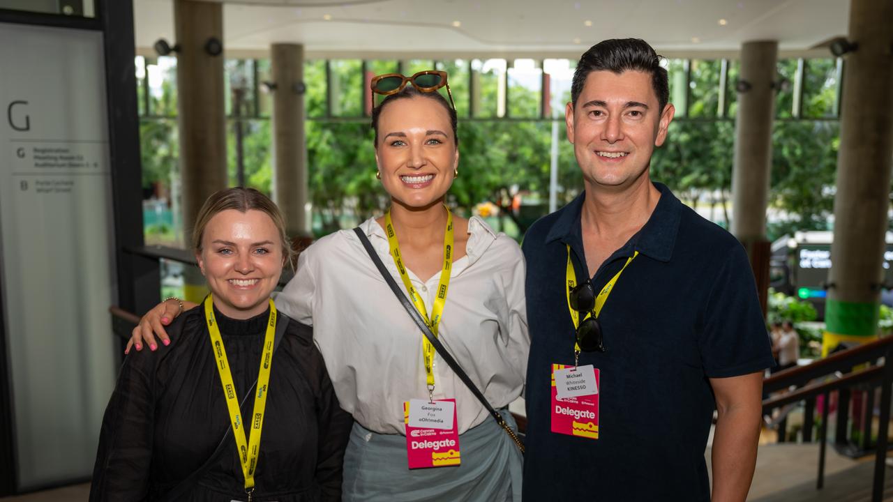 Janai Roberts, Georgina Fox and Michael Whiteside at Cannes In Cairns on Tuesday Morning. Picture Emily Barker