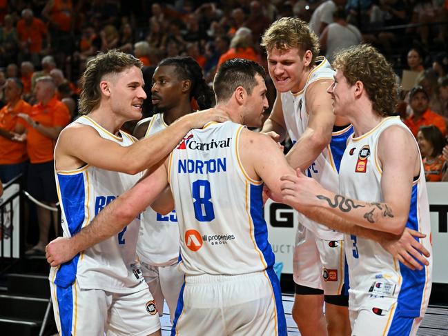 The Brisbane Bullets react after their come-from-behind win. Picture: Getty