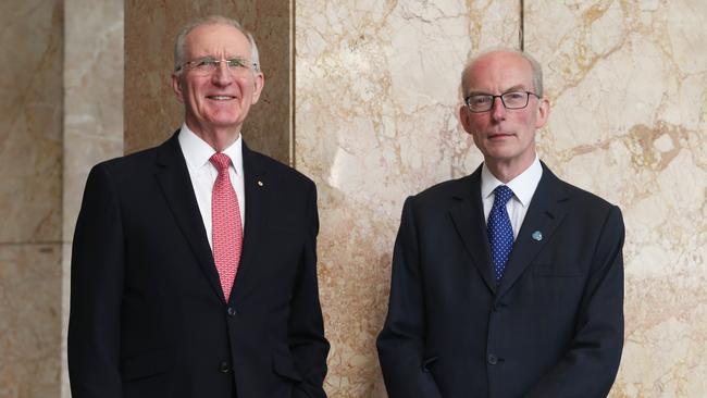 QBE CEO Andrew Horton (right) and Chairman Michael Wilkins at their AGM in Sydney. Picture: John Feder