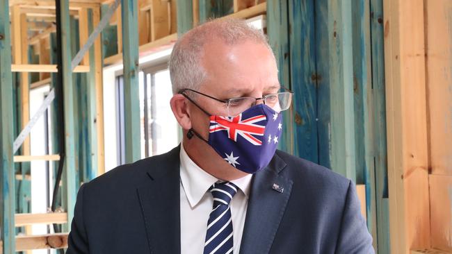 Prime Minister Scott Morrison visits a housing construction site today. February 11 Picture: NCA NewsWire/ David Crosling