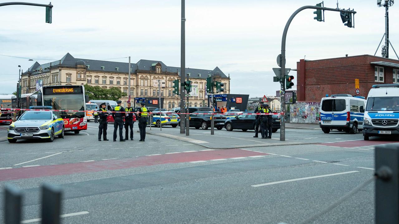 Police block roads around Hamburg’s Central Station following a stabbing attack on 17 commuters. Picture: Jonas Walzberg / AFP