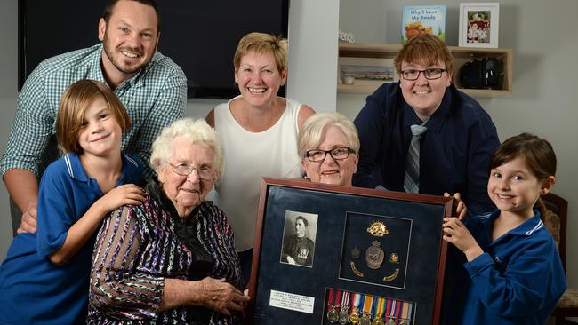 Family of decorated WWI soldier Francis Bennetts. Jake Martin 8 Great Great grandson, Matthew Martin Great Grandson, Pat Courtney 90 daughter, Jo-Anne Martin Grand daughter, Dianne Doyle 75 daughter, Samuel Carlin 23 Great Grandson, Olivia Martin 5 Great Great Grand daughter. Picture Campbell Brodie.