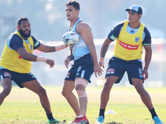 Latrell Mitchell (right) will have to impose himself in defence. Picture: Brett Costello