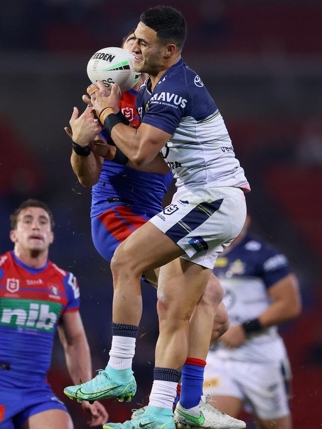 Valentine Holmes of the Cowboys takes a high ball during the round 16 NRL match between the Newcastle Knights and the North Queensland Cowboys at McDonald Jones Stadium.