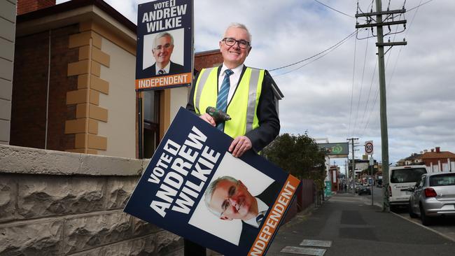 Independent Member for Clark Andrew Wilkie out putting up his election campaign posters in Hobart. Picture: Nikki Davis-Jones